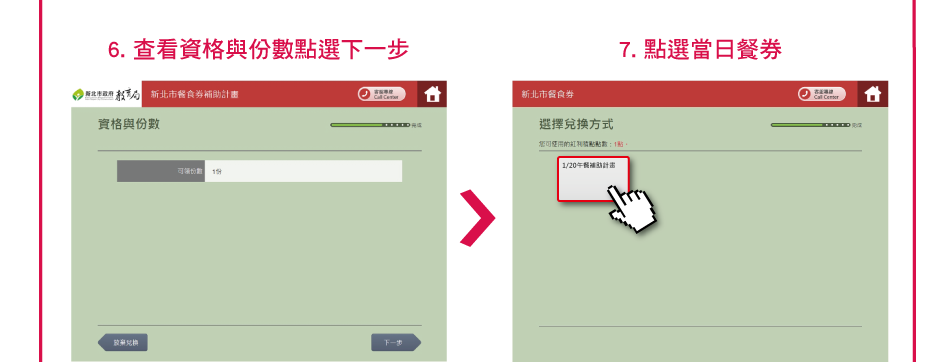 6. 查看資格與份數點選下一步；7. 點選當日餐券