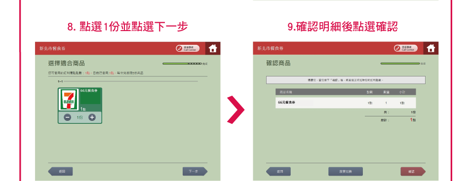 8. 點選1份並點選下一步；9.確認明細後點選確認