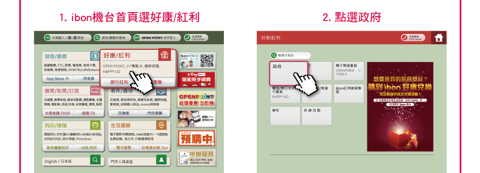 1. ibon機台首頁選好康/紅利；2. 點選政府