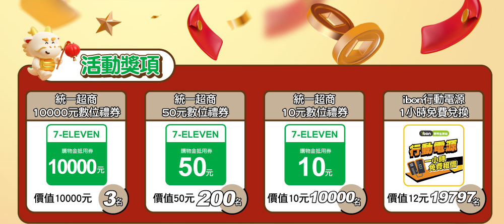 活動獎項：統一超商10000元數位禮券3名、統一超商50元數位禮券200名、統一超商10元數位禮券10000名、ibon行動電源1小時免費兌換19797名